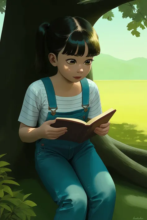 score_9, score_8, anyannkoStyle, anyannko, painting, anyannkoStyle, A young girl in a blue and white striped shirt and denim overalls, reading a book under a tree, with a thoughtful expression, in a peaceful park.