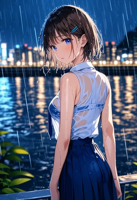 <lora:BLE 0.5v:1>, BLE, best quality, masterpiece, detailed background,
1girl, skirt, wet clothes, wet, solo, rain, blue eyes, outdoors, looking at viewer, pleated skirt, shirt, short hair, brown hair, hair ornament, hairclip, sleeveless, see-through, look...