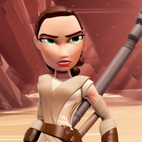 short sleeves, raggs around arms, belt, green eyes, brown hair ponytail, white undershirt, pants, Rey