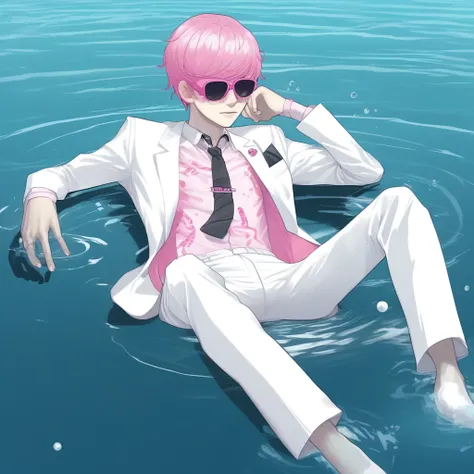 male focus, 1boy, short pink hair, bangs covering left eye,pink eyes, white suit, pink ribbons, white pants with pink ribbons,laying in water, sunglasses on top of head,fullbody