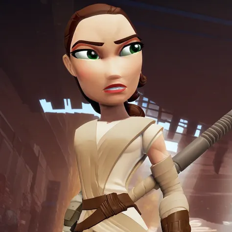 short sleeves, raggs around arms, belt, green eyes, brown hair ponytail, white undershirt, pants, Rey