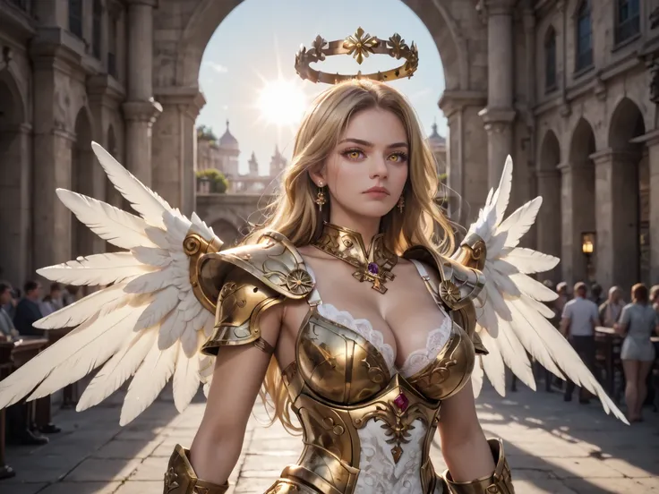 zPDXLrl, score_9, score_8_up, score_7_up, rating explicit, masterpiece, best quality, ultra HD quality details,
1girl is angel, organic wires, detailed skin, intense shadows, golden armored dress, shoulder armor, neck armor, lace, large breasts, sagging br...