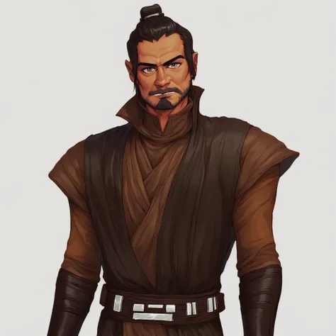 score_9, score_8_up, score_7_up, Syfo-Dias, Star Wars, Jedi,  solo, looking at viewer, simple background, brown hair, black hair, white background, 1boy, male focus, belt, facial hair, high collar, general