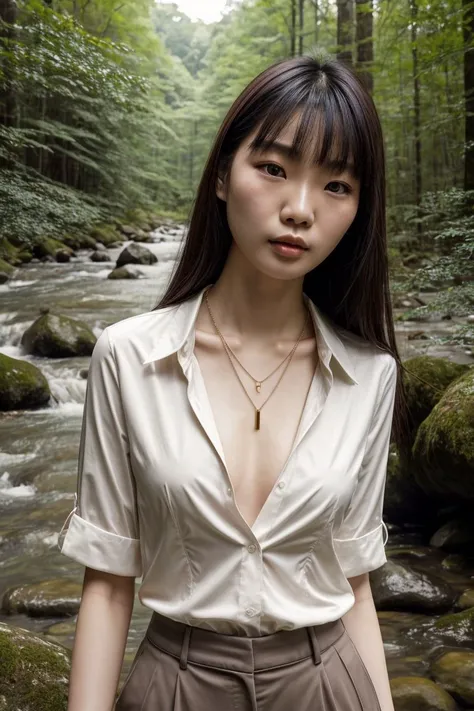 Asian woman, closeup, (shirt), pants, (forest river), cross necklace , (), KM_arich, wide shoulders, perfect face, (contact iris: 1.1), pale skin, skin pores , depth of field