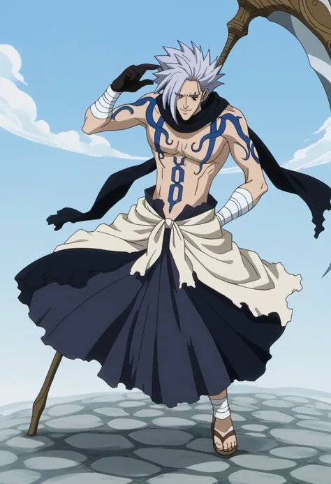 score_9, score_8_up, score_7_up, source_anime, rating_safe, Erigor scythe, Eritail, 1boy, male focus, anime screencap, blue Erigor facial mark, topless male, black Erigor scarf, black Erigor gloves, blue Erigor bodypaint, light yellow waist cloth, black Er...