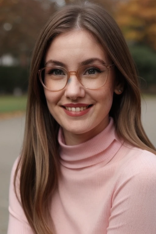 Photo of beautiful emm4ru6y woman, glasses, detailed face, (blurred background)+, light pink turtleneck blouse, in a park, smile