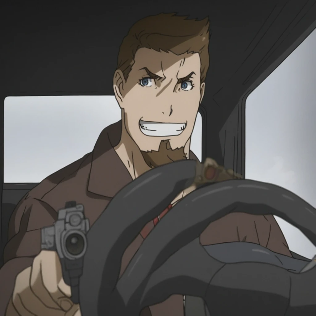 car interior, handgun, open mouth, weapon, clock, teeth, hand in pocket, smoke, tree, inside car, portrait, grin, nero_vanetti, bow, brown eyes, facial hair, driving, looking at viewer, blue eyes, clothing