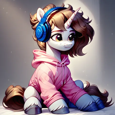 rating_safe, score_9, score_8_up, score_7_up, score_6_up, score_5_up, score_4_up, A cute feminine light-gray-skinned unicorn pony, horn, my little pony, dark gray hooves, headphones, wearing a pink hoodie