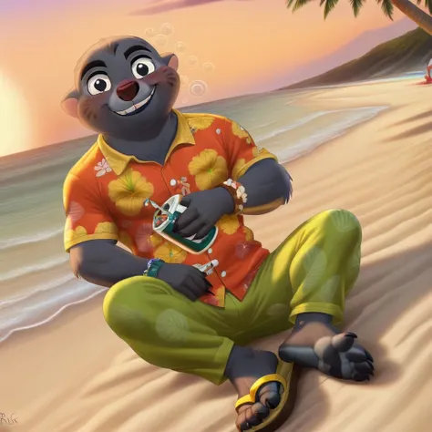 (((Barefoot furry character, full body, cinematic setting, furry male, anthro, plantigrade))), (((Bunga))), lion guard, bara, solo, in a (((yellow Hawaiian shirt))) with green or purple pattern, wearing white pants, leather bracelets, nice feet paws with l...