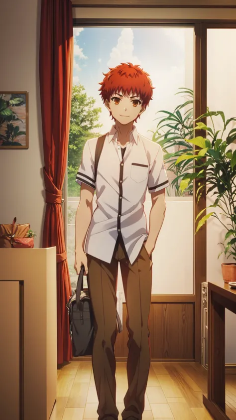 (masterpiece, best quality), ray tracing, absurdres, HDR,emiya shirou, 1boy, solo, male focus, school uniform, bag, smile, standing, red hair, shirt, plant, brown eyes, brown pants, white shirt, pants, orange hair,loafers,looking at viewer, <lora:Shirou Em...