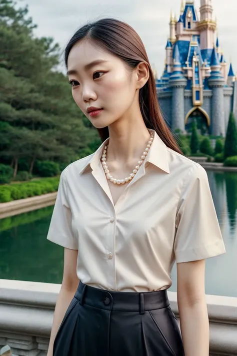 Asian woman, closeup, (shirt), pants, (disney castle), pearl necklace , (), KM_sunjidmaa, wide shoulders, perfect face, (contact iris: 1.1), pale skin, skin pores , depth of field