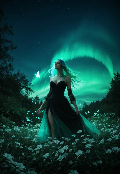 score_9, score_8_up, score_7_up, score_6_up, 1girl, solo,  (long flowy hair), flowy skirt, green forest background, Bioluminescent plants and floating wisps illuminate the scene,((dynamic pose)), ((flowers)), ((glowing butterflies)), night time, dark theme...