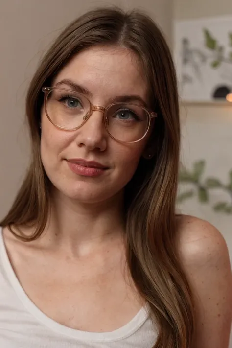 Portrait photo of emm4ru6y woman, (light bokeh), white tshirt, detailed face, in a bedroom, glasses