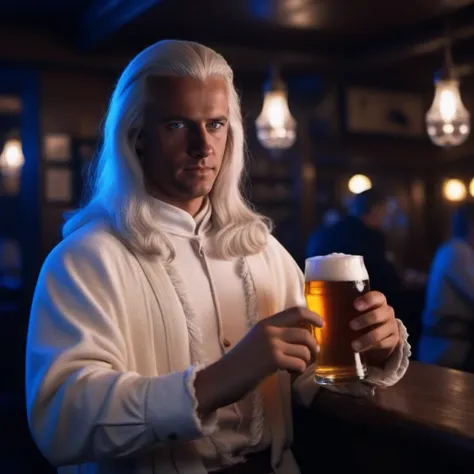 cinematic photo a full body portrait 1boy, male focus, dressed in white, electricity,  long white hair, blue eyes, having a beer in a pub <lora:Raiden1995-1024:0.8> . 35mm photograph, film, bokeh, professional, 4k, highly detailed