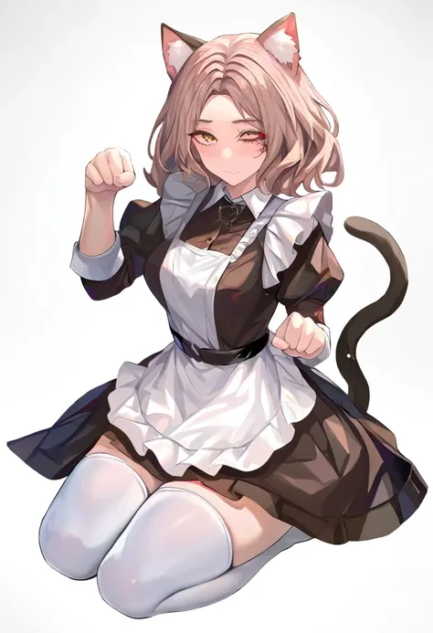 <lora:Elden Ring-Melina_v1.0:1>, 
1girl, short brown hair, yellow eyes, black facial tatto, one eye closed,animal ears, cat ears, tail, cat tail, white thighhighs, paw pose, white background, apron, simple background, sitting, maid, puffy sleeves, looking ...