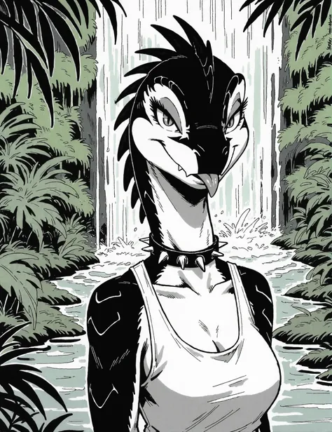 score_9_up, score_8_up, score_7_up, score_6_up, furry female, <lora:Skunkworks_Anthology_XL_v2:1>, james m hardiman, monochrome,
looking at viewer, three-quarter view, 
scalie, velociraptor, slit pupils, tanktop, spiked choker, tongue out, jungle, waterfal...