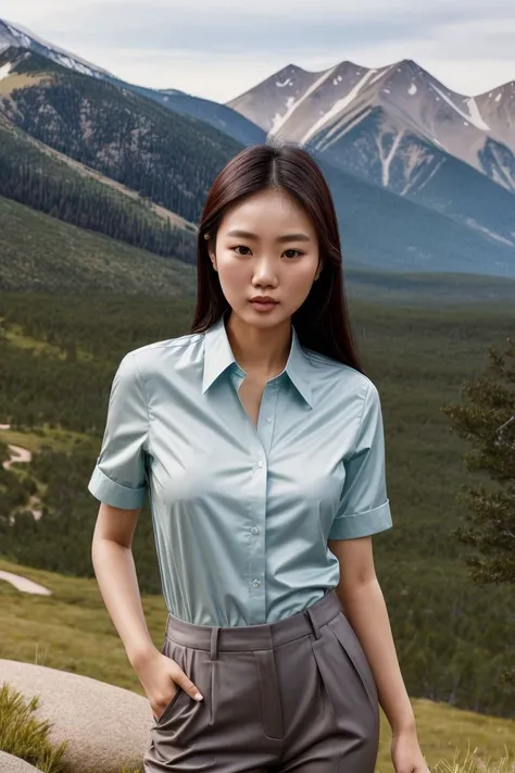 Asian woman, closeup, (shirt), pants, (rocky mountain national park), (), (), KM_stephanie, wide shoulders, perfect face, (contact iris: 1.1), pale skin, skin pores , depth of field