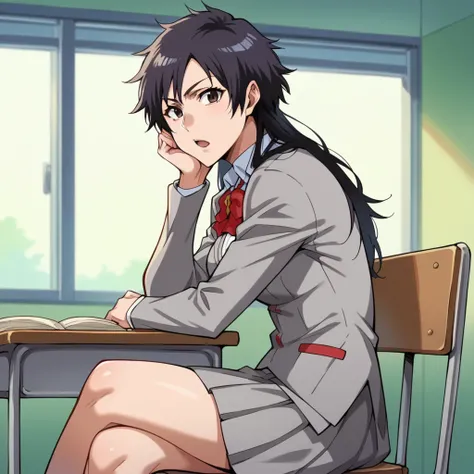 score_9_up, score_8_up, score_7_up, source_anime, masterpiece, best quality, 1girl, solo, Arisawa, Ari_Older  sun light, windows, sitting on chair, head rest on desk, looking at you, from side, crossed legs, text book, pen, half opened mouth, brown eyes, black hair, long hair, school uniform, grey jacket, long sleeves, grey skirt, pleated skirt, red bowtie, mature body, dynamic cowboy shot, indoors, classroom background