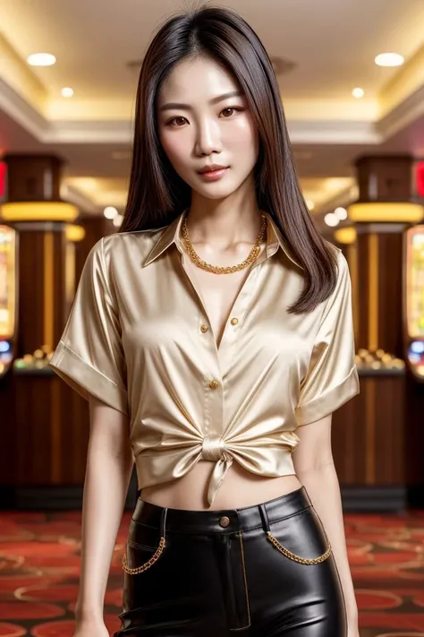 Asian woman, closeup, (shirt), pants, (casino), gold necklace , (), KM_anne, wide shoulders, perfect face, (contact iris: 1.1), pale skin, skin pores , depth of field