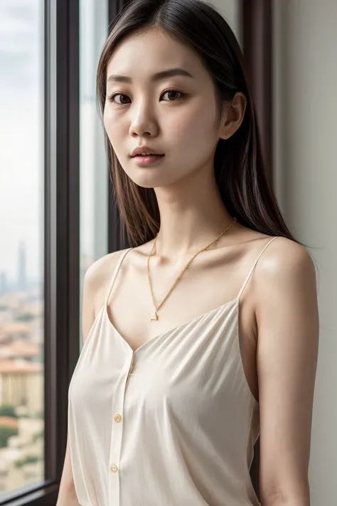 Asian woman, closeup, (shirt), pants, (leaning tower of pisa), gold necklace , (), KM_jiau-hua, wide shoulders, perfect face, (contact iris: 1.1), pale skin, skin pores , depth of field