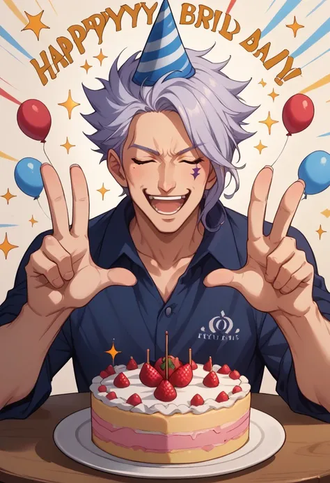 score_9, score_8_up, score_7_up, source_anime, rating_safe, sparkles effects, raspberries, Eritail, blue Erigor facial mark, 1boy, male focus, closed eyes, casual clothes, party hat, open mouth, wide smile, teeth, upper body, hands with five fingers, happy...