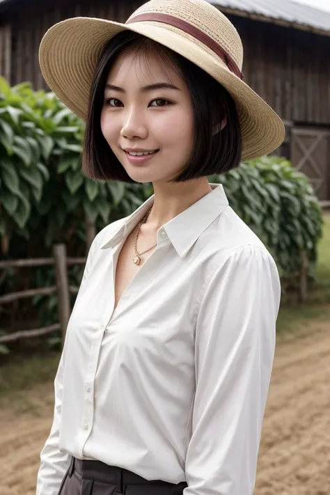 Asian woman, closeup, (shirt), pants, (farm with barn), cross necklace , smiling , KM_kaitlin, wide shoulders, perfect face, (contact iris: 1.1), pale skin, skin pores , depth of field