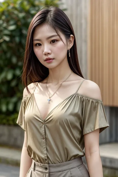 Asian woman, closeup, (shirt), pants, (cannon beach), cross necklace , (), KM_laura, wide shoulders, perfect face, (contact iris: 1.1), pale skin, skin pores , depth of field