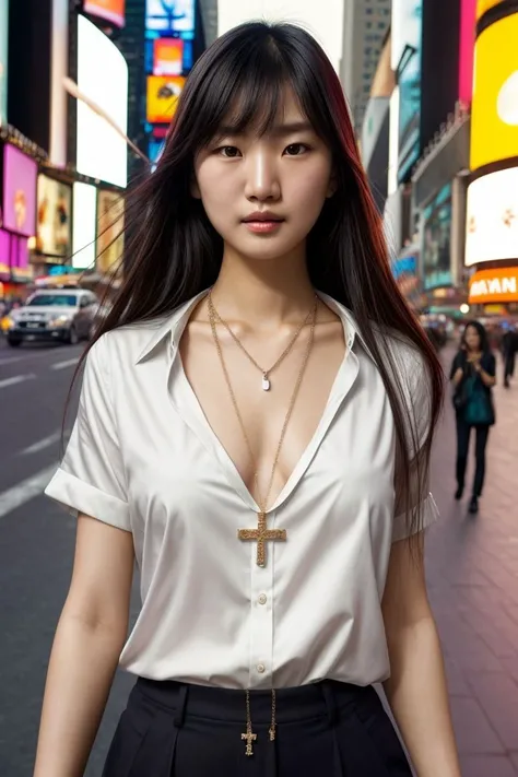 Asian woman, closeup, (shirt), pants, (times square), cross necklace , (), KM_chloe, wide shoulders, perfect face, (contact iris: 1.1), pale skin, skin pores , depth of field