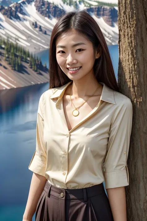 Asian woman, closeup, (shirt), pants, (crater lake national park), gold necklace , smiling , KM_putri, wide shoulders, perfect face, (contact iris: 1.1), pale skin, skin pores , depth of field