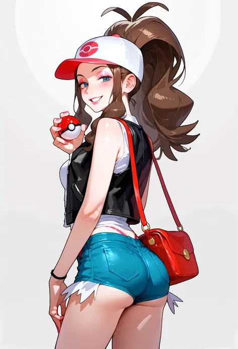 score_9,score_8_up,score_7_up, BREAK 1girl, hilda (pokemon), brown hair, ponytail, cap, seductive smile, long eyelashes, half-closed eyes, blush, adult, mature, pink lips, thick lips, pink eyeshadow, BREAK solo, from behind, looking back, short shorts, den...