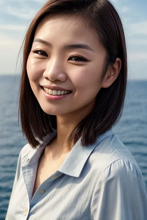 Asian woman, closeup, (shirt), pants, (catalina island), (), smiling , KM_akiko, wide shoulders, perfect face, (contact iris: 1.1), pale skin, skin pores , depth of field