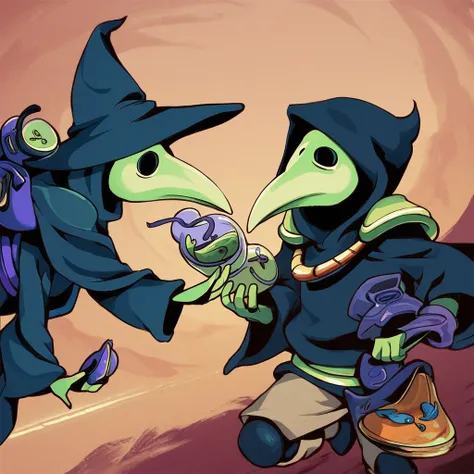 score_9, score_8_up, score_7_up, realistic, 2boys 1girl, Plague Knight, Plague Knight Boomtech Set, Plague Knight (female)