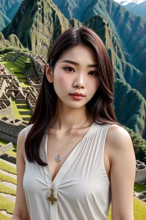 Asian woman, closeup, (shirt), pants, (machu picchu), cross necklace , (), KM_mawar, wide shoulders, perfect face, (contact iris: 1.1), pale skin, skin pores , depth of field