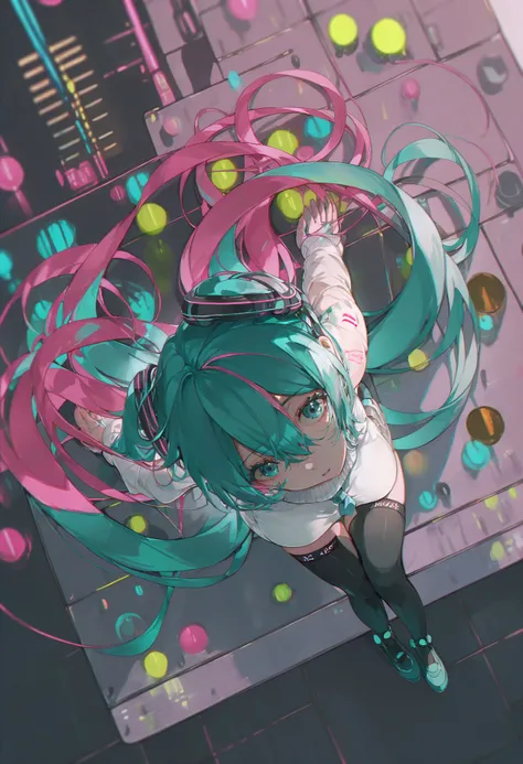 score_9, score_8_up, score_7_up, score_6_up, <lora:s3zz4XL_P6_lokr_V53P1:0.95>  1girl, solo, long hair, hatsune miku, twintails, thighhighs, very long hair, looking at viewer, aqua hair, dress, black thighhighs, hair between eyes, aqua eyes, from above, mu...