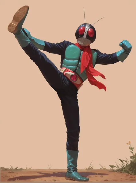 score_9, score_8_up, score_7_up, masterpiece, source_realistic,kamen rider, 1boy, solo, male focus, kicking, flying kick, scarf, antennae, simple background, belt,  outdoor, <lora:sn0wStyle:1> <lora:HKHorrorXL:1>,  <lora:Kamen_Rider_Nigo_1971:1>