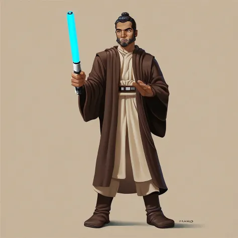 score_9, score_8_up, score_7_up, Syfo-Dias, Star Wars, Jedi,  solo, simple background, black hair, 1boy, holding, standing, full body, male focus, weapon, boots, sword, facial hair, beard, brown background, robe, animification, energy sword, lightsaber, ge...