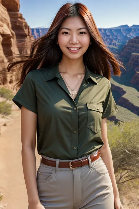 Asian woman, closeup, (shirt), pants, (big bend national park), cross necklace , smiling , KM_ayaka, wide shoulders, perfect face, (contact iris: 1.1), pale skin, skin pores , depth of field