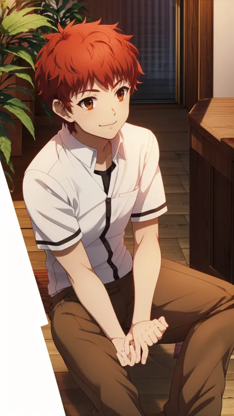 (masterpiece, best quality), ray tracing, absurdres, HDR,emiya shirou, 1boy, solo, male focus, school uniform, bag, smile, sitting, red hair, shirt, plant, brown eyes, brown pants, white shirt, pants, orange hair<lora:Shirou Emiya:0.7>