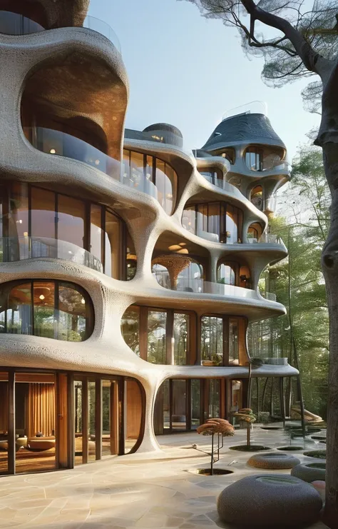 masterpiece,high quality,design by Herzog & de Meuron,<lora:tbh391-sdxl:0.75>, Whimsical treehouse complex in a lush forest, channeling the spirit of Antoni Gaudí