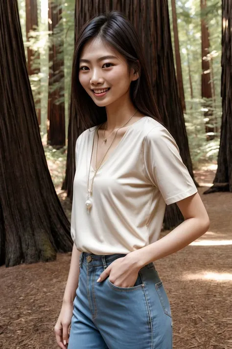 Asian woman, closeup, (shirt), pants, (california redwoods), pearl necklace , smiling , KM_danielle, wide shoulders, perfect face, (contact iris: 1.1), pale skin, skin pores , depth of field