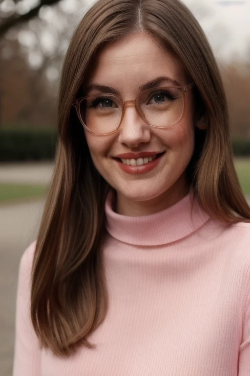 Photo of beautiful emm4ru6y woman, glasses, detailed face, (blurred background)+, light pink turtleneck blouse, in a park, smile