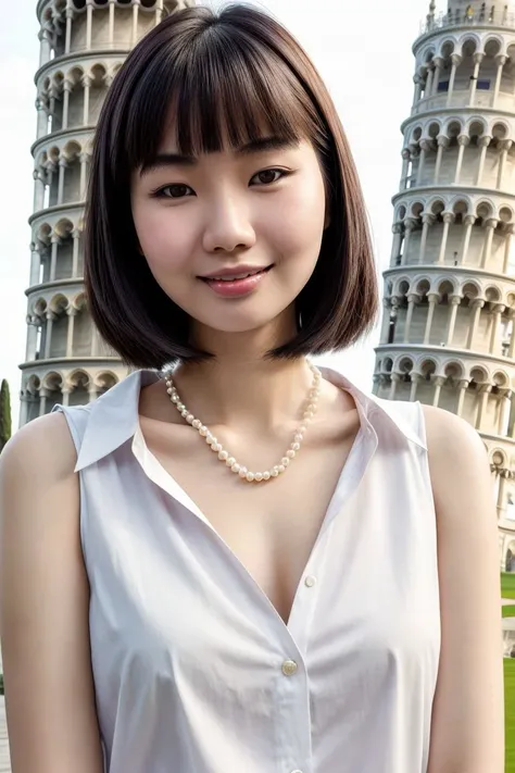 Asian woman, closeup, (shirt), pants, (leaning tower of pisa), pearl necklace , smiling , KM_kaitlin, wide shoulders, perfect face, (contact iris: 1.1), pale skin, skin pores , depth of field