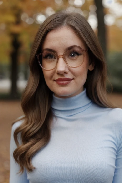 Photo of beautiful emm4ru6y woman, glasses, detailed face, (blurred background)+, light blue turtleneck blouse, in a park