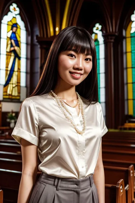 Asian woman, closeup, (shirt), pants, ((inside a church: 1.2), stained glass), pearl necklace , smiling , KM_ayaka, wide shoulders, perfect face, (contact iris: 1.1), pale skin, skin pores , depth of field