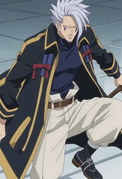 score_9, score_8_up, score_7_up, source_anime, rating_safe, Eritail, 1boy, male focus, anime screencap, black Erigor coat, dark blue Erigor turtleneck, brown Erigor belt, white Erigor pants, black Erigor shoes,