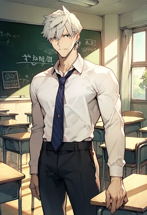 score_9, score_8_up, score_7_up, source_anime, 1boy, PERCIVAL (FATE GRAND ORDER), 
teacher, classroom, suit, blackboard