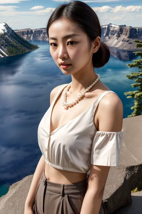 Asian woman, closeup, (shirt), pants, (crater lake national park), pearl necklace , (), KM_putri, wide shoulders, perfect face, (contact iris: 1.1), pale skin, skin pores , depth of field