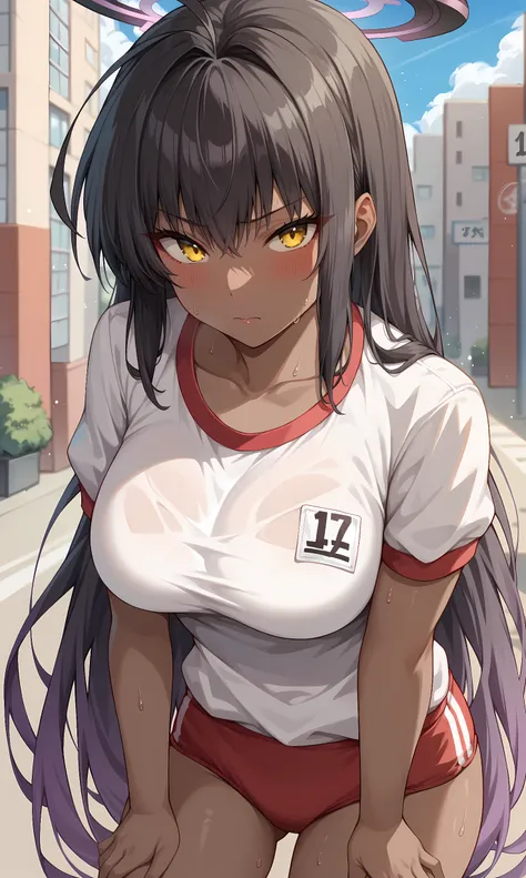  score_9, score_8_up, score_7_up, score_6_up, BREAK source_anime, 1girl, solo, outdoors, street, cowboy shot, looking at viewer, karin, yellow eyes, dark skin, black hair, very long hair, multicolored hair, halo, white shirt, short sleeves, gym uniform, bu...