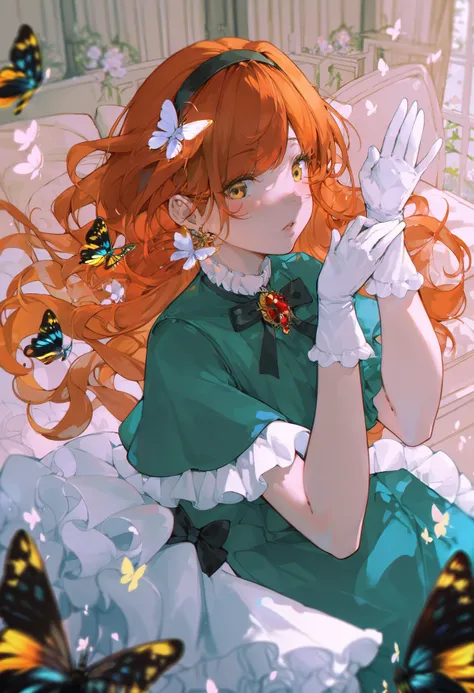 score_9, score_8_up, score_7_up, score_6_up, <lora:s3zz4XL_P6_lokr_V53P1:0.95>  1girl, dress, jewelry, long hair, gloves, solo, butterfly, bug, earrings, white gloves, green dress, frills, orange hair, parted lips, bangs, hairband, frilled dress, blush, ye...