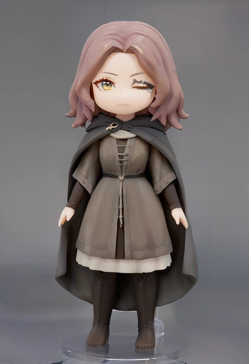 <lora:Elden Ring-Melina_v1.0:1>, 
 1girl,pvc figure,golden cloak clasp, brown elbow gloves, hooded cape, one eye closed, black facial tattoo, grey dress with corset, yellow eyes, , brown knee-high boots, short brown hair,chibi, looking at viewer, full body...